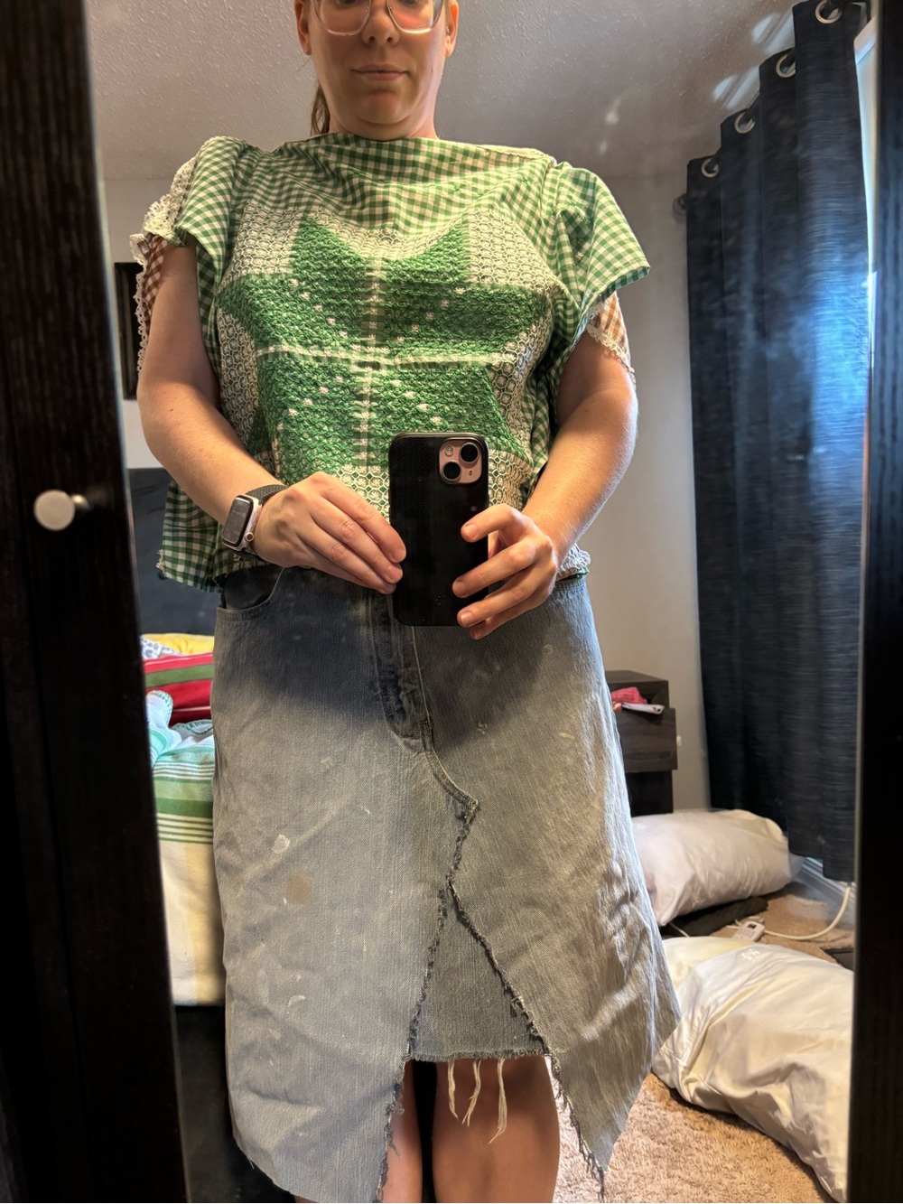 Green Gingham Short Sleeve Knit Top - Women